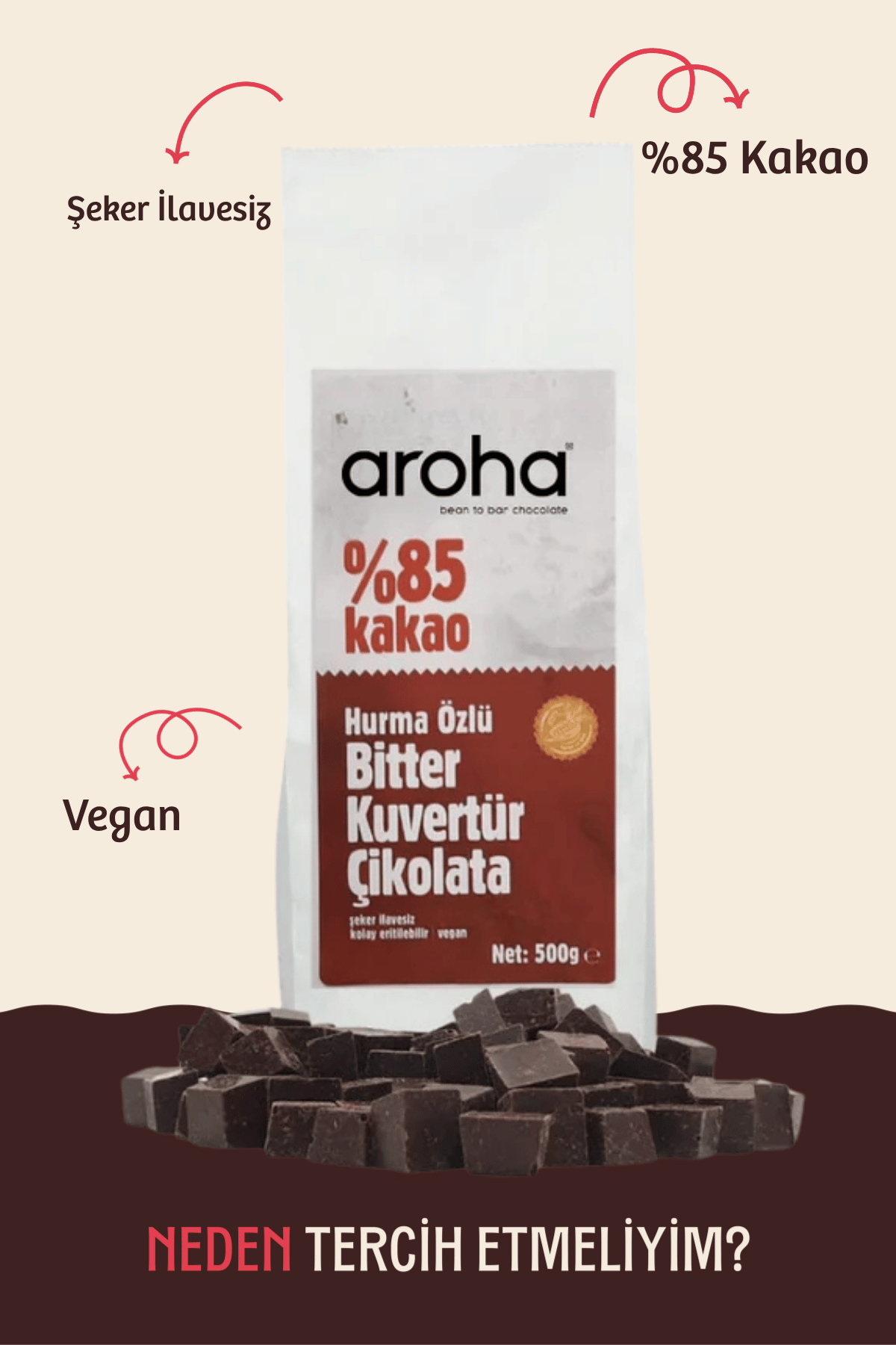 %85 Kakao Hurma Özlü Bitter Kuvertür Çikolata 500 g