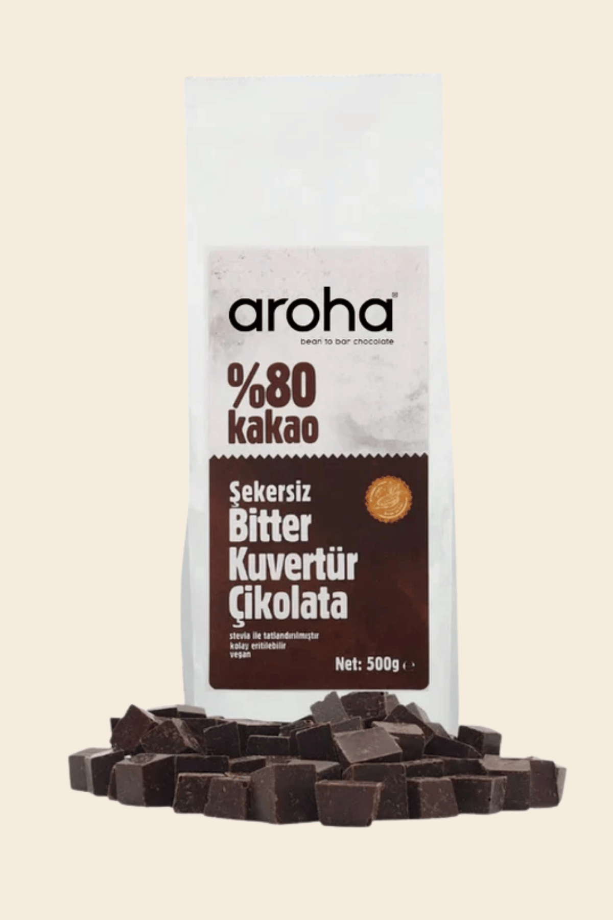 %80 Kakao Şekersiz Bitter Kuvertür Çikolata (Stevia ile tatlandırılmıştır) - 500 g