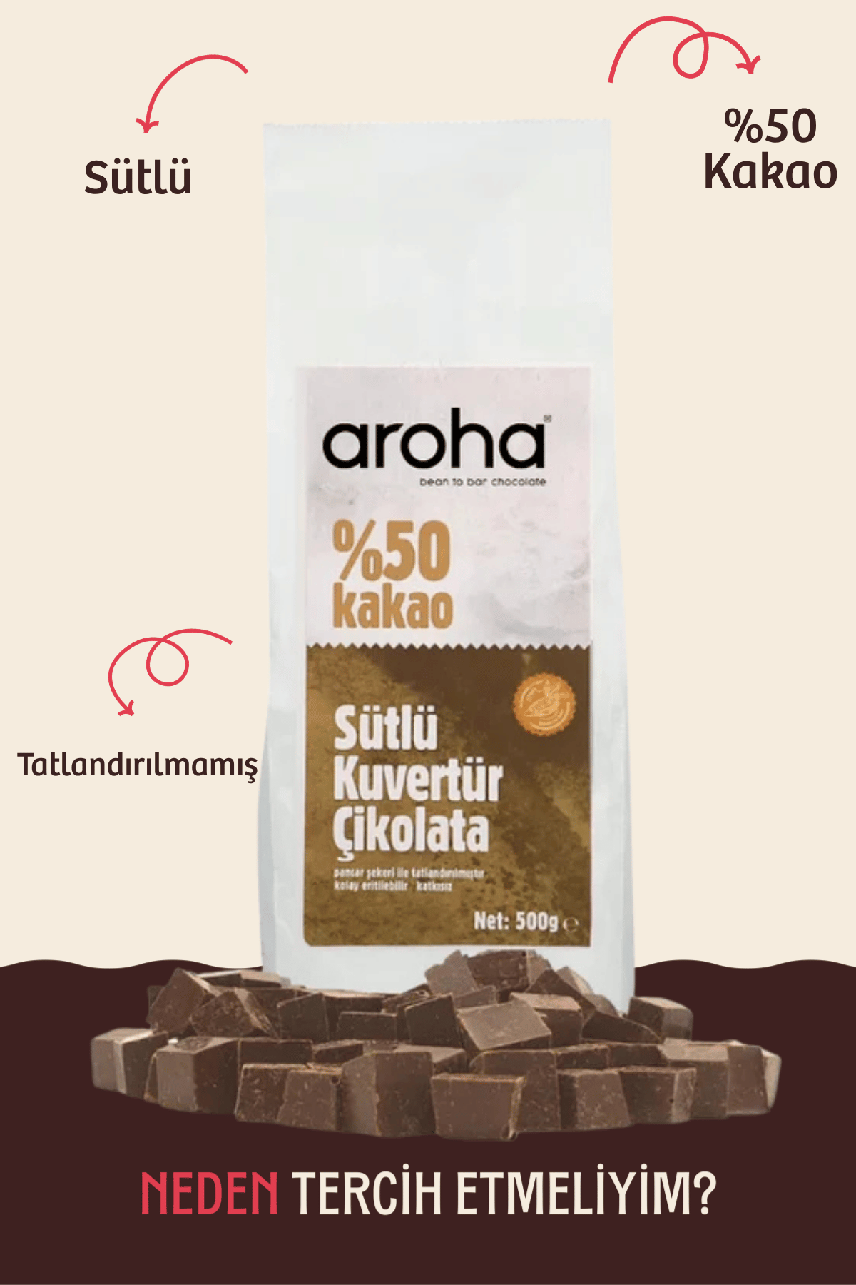 %50 Kakao Sütlü Kuvertür Çikolata 500 g