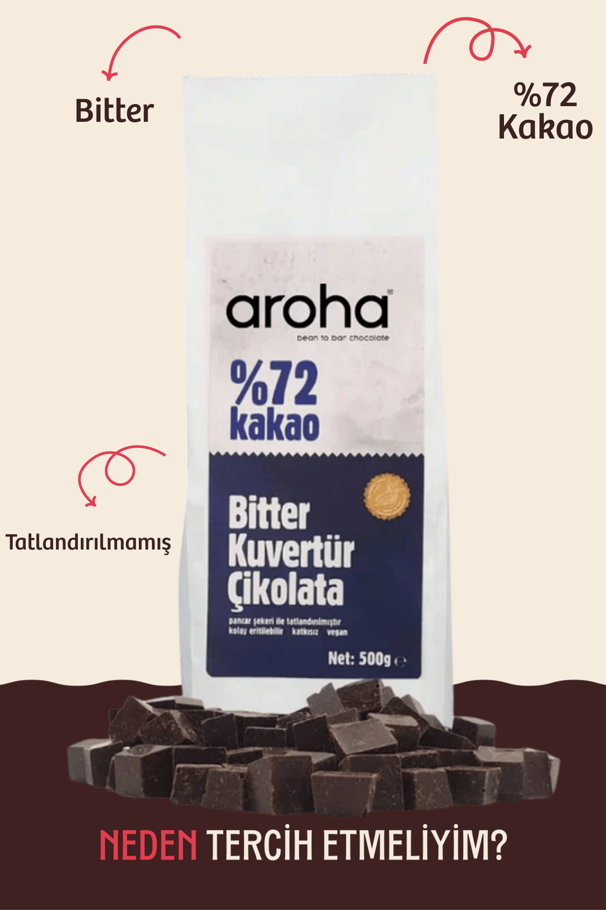%72 Kakao Bitter Kuvertür Çikolata - 500 g