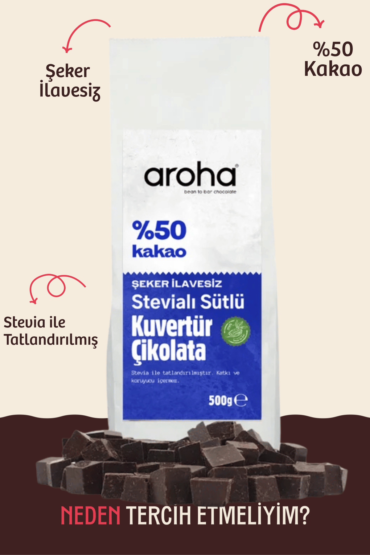 %50 Kakao Stevialı Sütlü Kuvertür Çikolata Şeker İlavesiz - 500 g