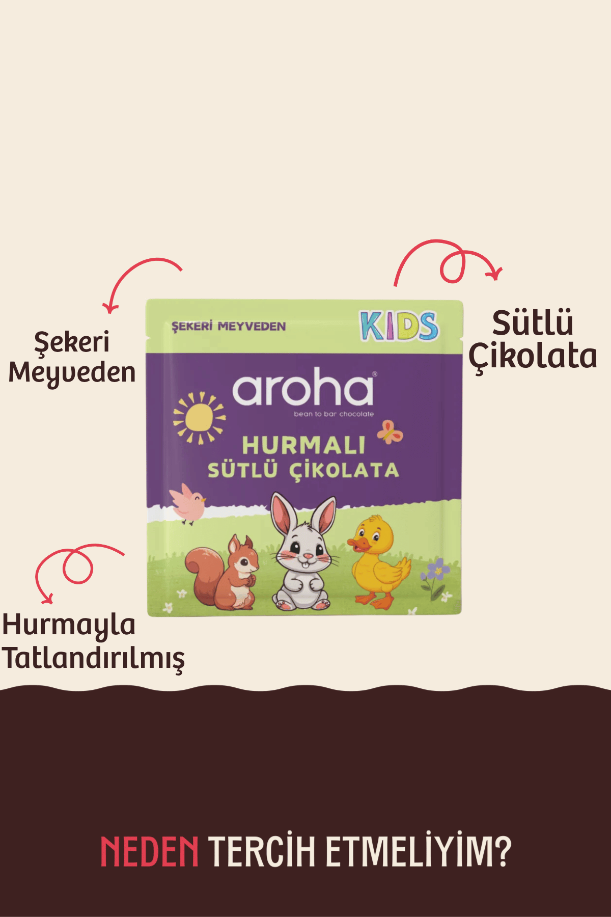 Hurmalı Sütlü Çikolata 28 gr | Şekeri Meyveden | Aroha Kids