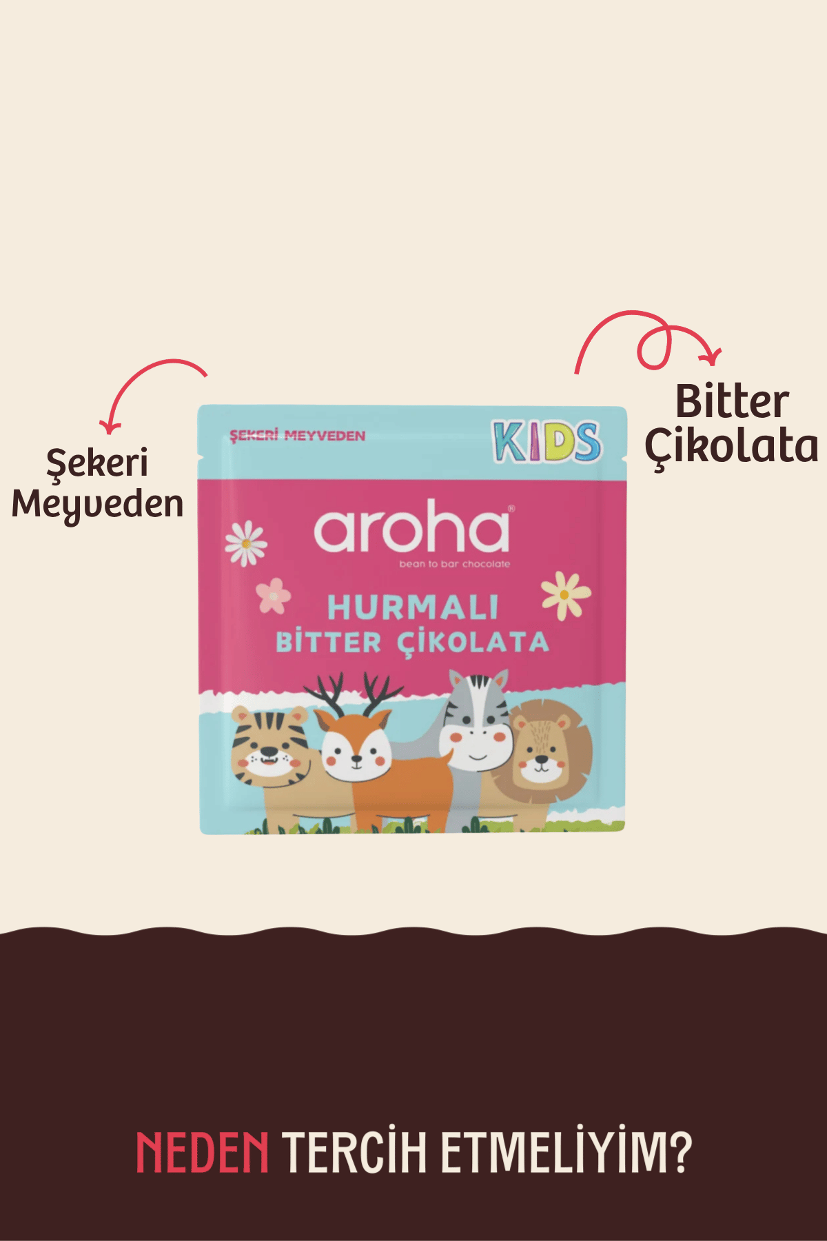 Hurmalı Bitter Çikolata 28 gr | Şekeri Meyveden | Aroha Kids