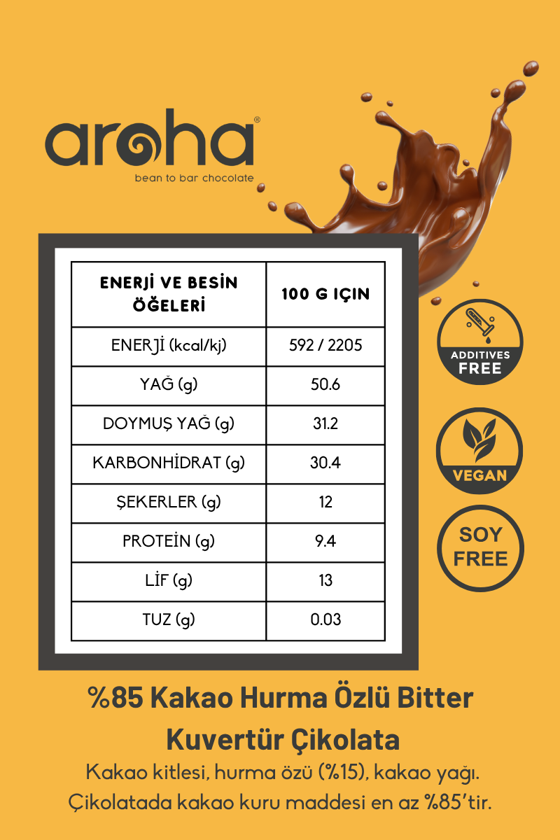 %85 Kakao Hurma Özlü Bitter Kuvertür Çikolata 500 g