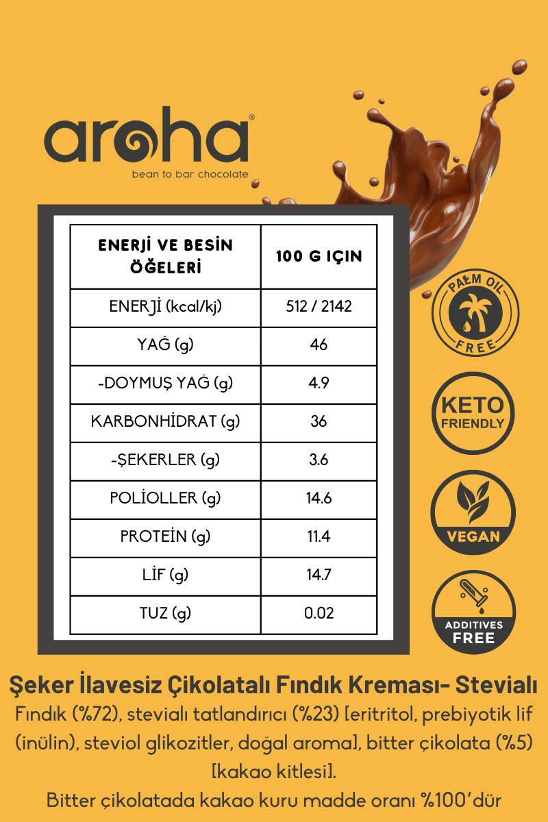 Çikolatalı Fındık Kreması %72 Fındık (Stevia ile tatlandırılmıştır) - Şeker İlavesiz - 180 g