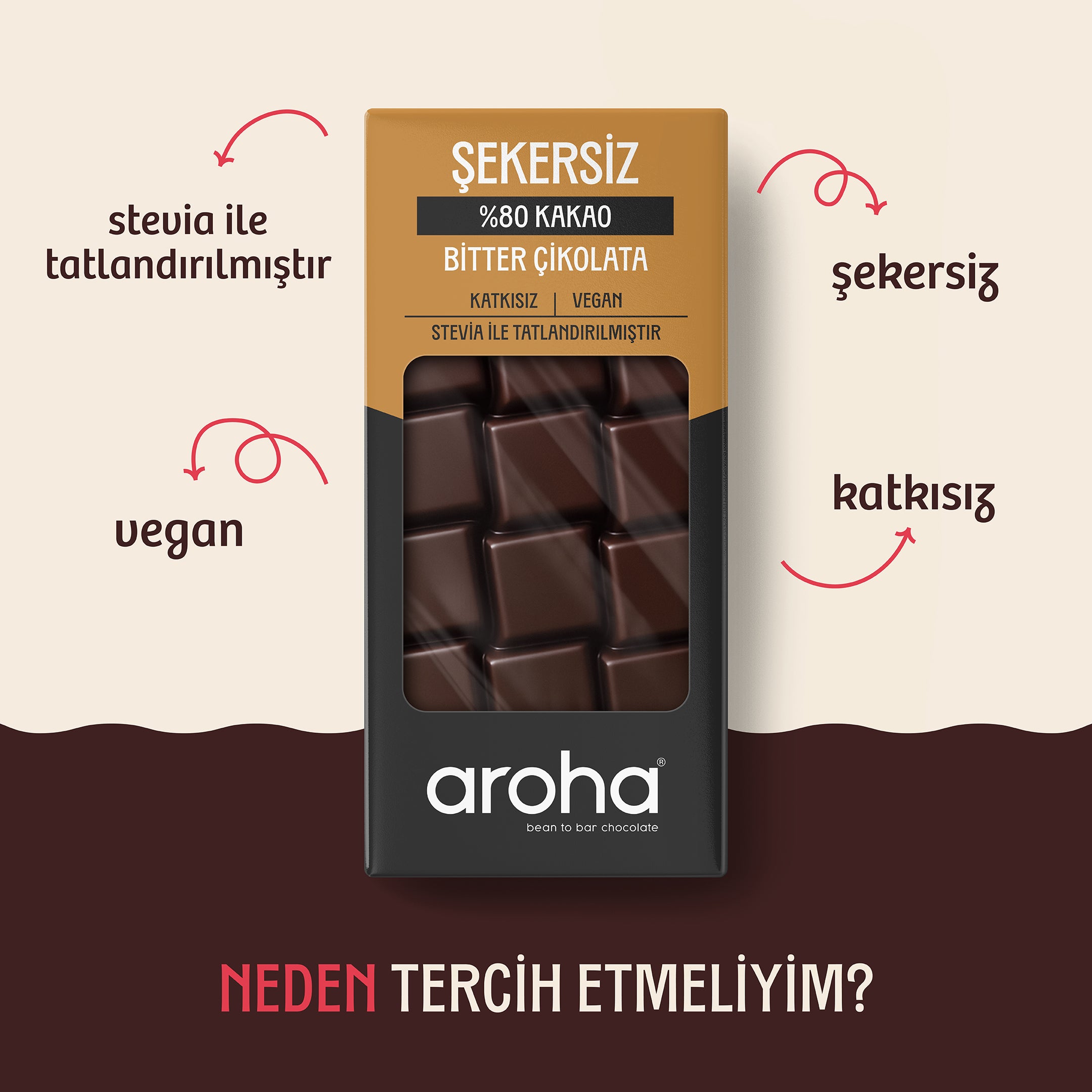 %80 Kakao Şekersiz Bitter Çikolata - Stevia ile Tatlandırılmıştır - 80 g