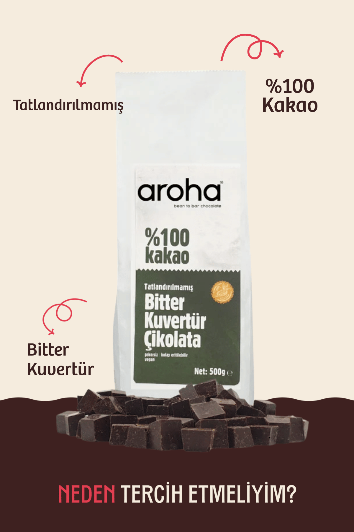 %100 Kakao Tatlandırılmamış Bitter Kuvertür Çikolata 500 g