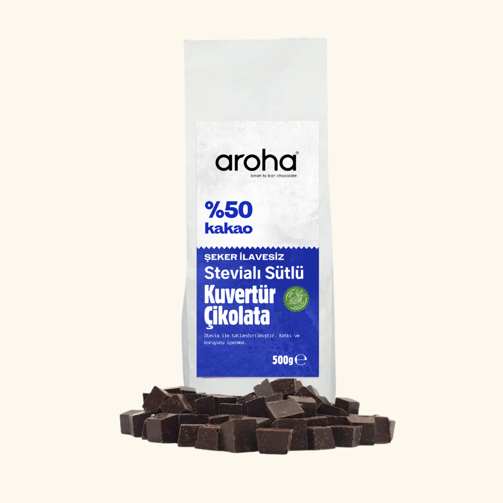 %50 Kakao Stevialı Sütlü Kuvertür Çikolata Şeker İlavesiz - 500 g