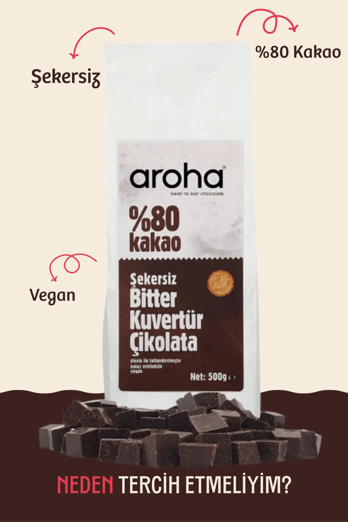%80 Kakao Şekersiz Bitter Kuvertür Çikolata (Stevia ile tatlandırılmıştır) - 500 g