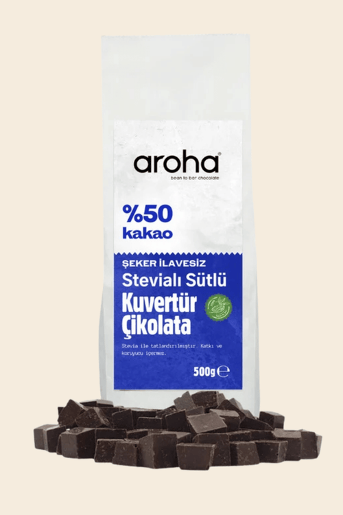 %50 Kakao Stevialı Sütlü Kuvertür Çikolata Şeker İlavesiz - 500 g