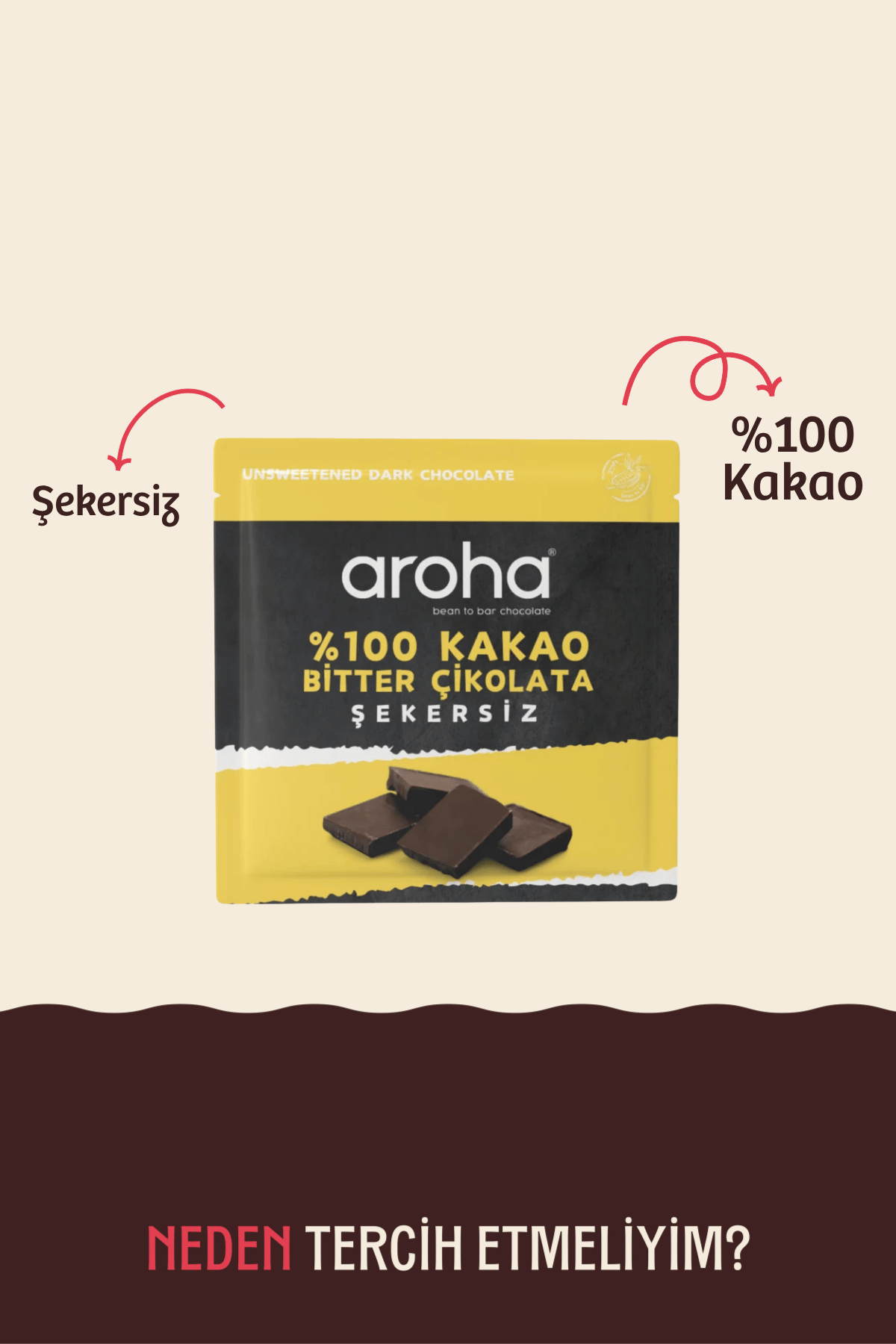 %100 Kakao, Şekersiz Bitter Çikolata - 40 g