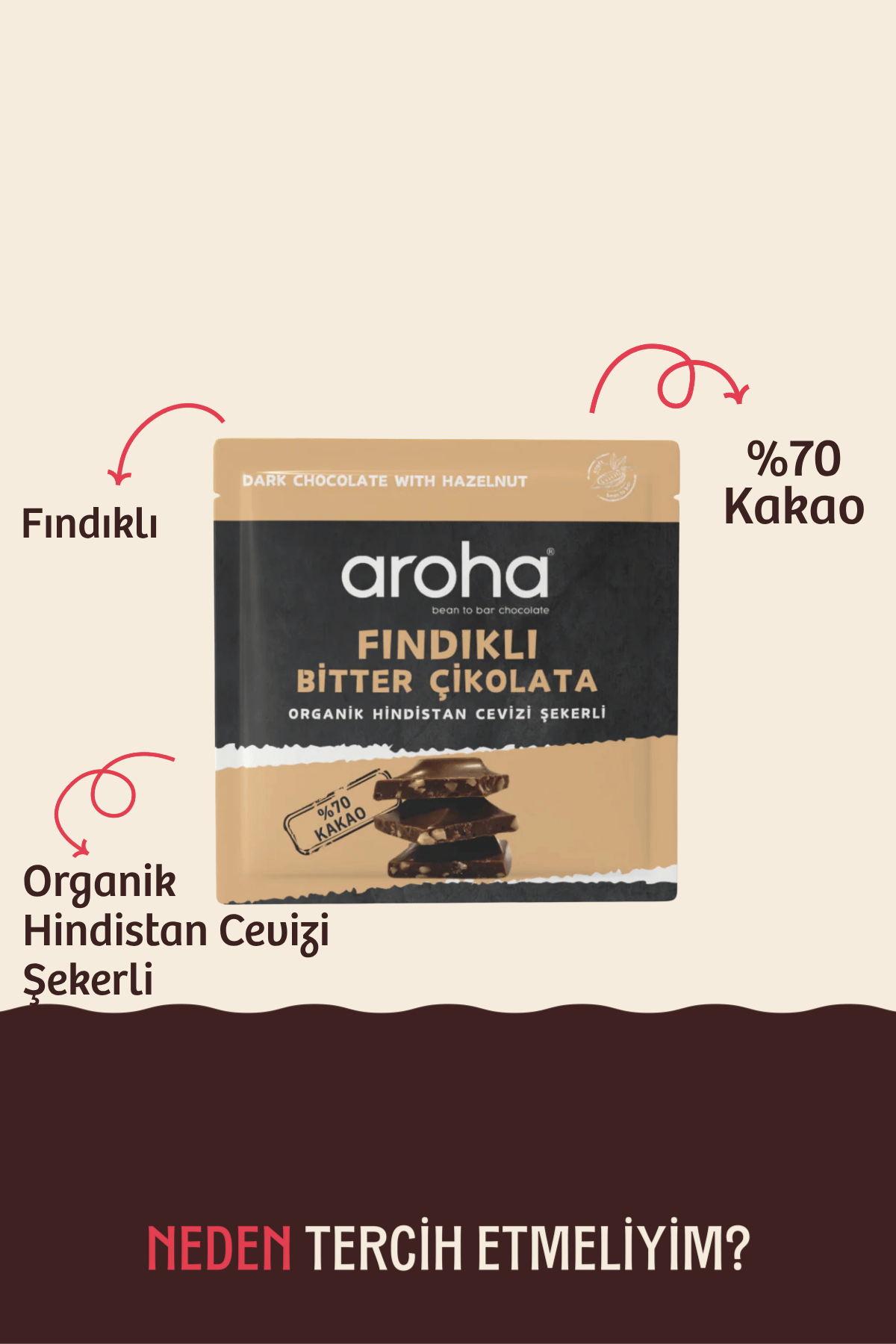 %70 Kakao Fındıklı Bitter Çikolata Organik Hindistan Cevizi Şekerli 40 g