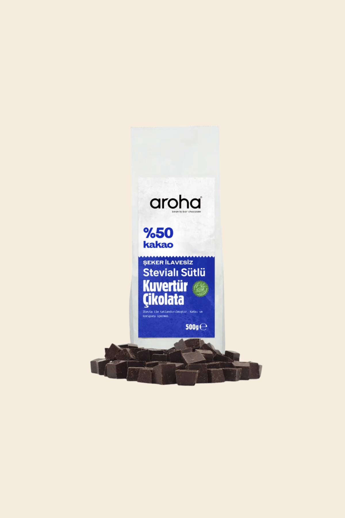 %50 Kakao Stevialı Sütlü Kuvertür Çikolata Şeker İlavesiz - 500 g