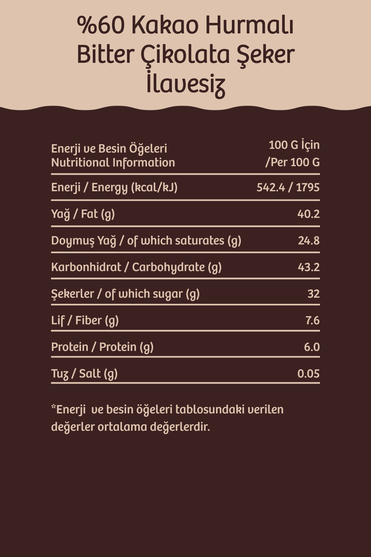 %60 Kakao Hurmalı Bitter Çikolata Şeker İlavesiz - 40 g