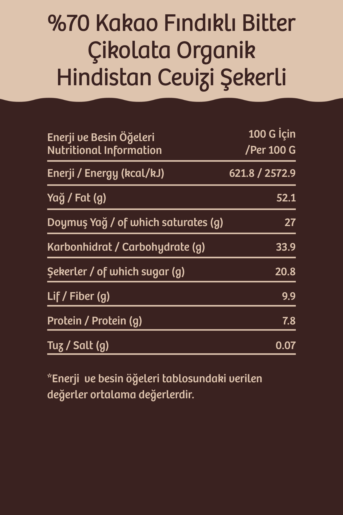 %70 Kakao Fındıklı Bitter Çikolata Organik Hindistan Cevizi Şekerli 40 g