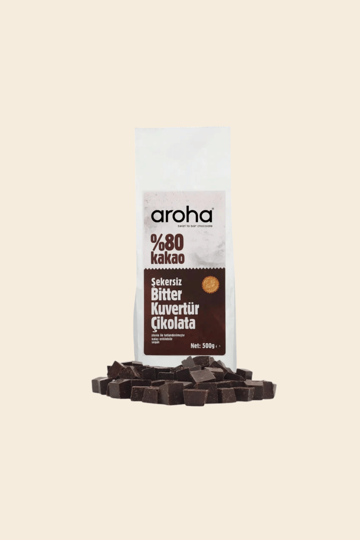 %80 Kakao Şekersiz Bitter Kuvertür Çikolata (Stevia ile tatlandırılmıştır) - 500 g