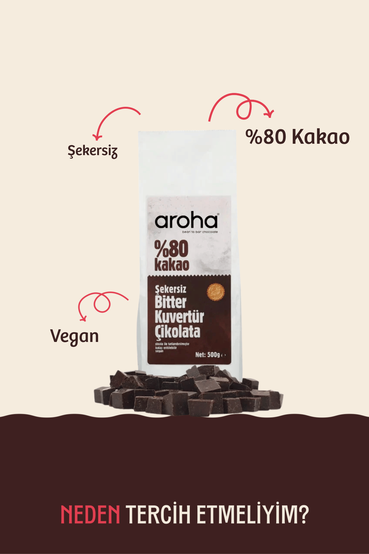 %80 Kakao Şekersiz Bitter Kuvertür Çikolata Stevialı 500 g