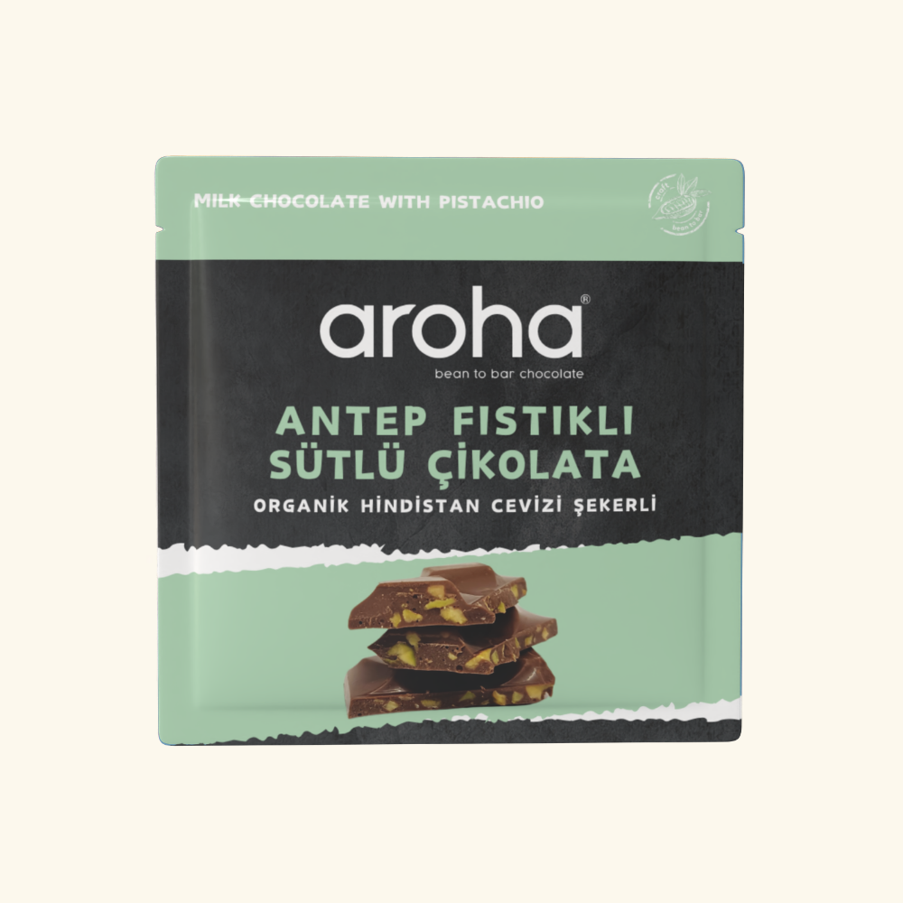 Antep Fıstıklı Sütlü Çikolata Organik Hindistan Cevizi Şekerli 40 gr