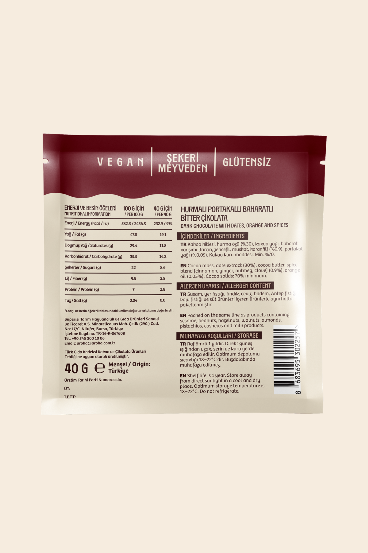 Hurmalı Portakallı Baharatlı Bitter Çikolata 40 gr