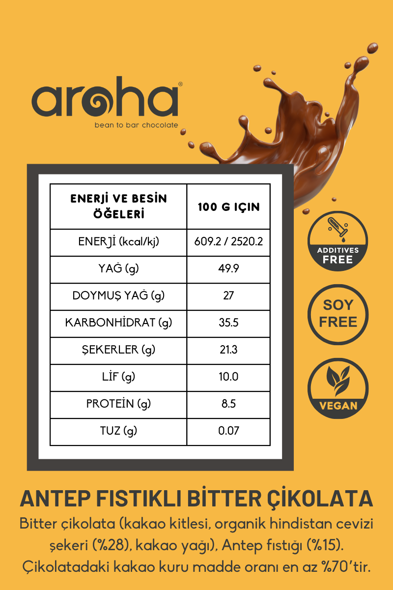 %70 Kakao Antep Fıstıklı Bitter Çikolata Organik Hindistan Cevizi Şekerli 40 g