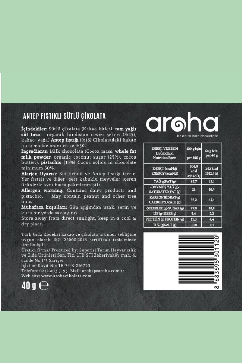 Antep Fıstıklı Sütlü Çikolata Organik Hindistan Cevizi Şekerli 40 gr