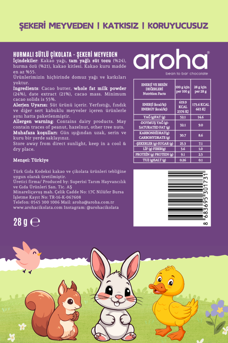 Hurmalı Sütlü Çikolata 28 gr | Şekeri Meyveden | Aroha Kids