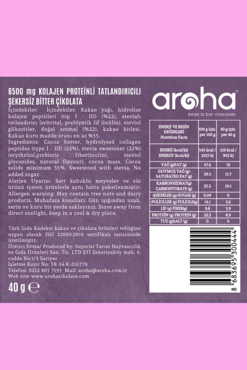 Kolajenli Çikolata Şeker İlavesiz 40 g