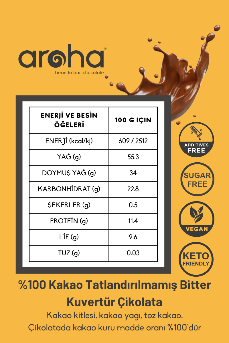 %100 Kakao Tatlandırılmamış Bitter Kuvertür Çikolata 500 g