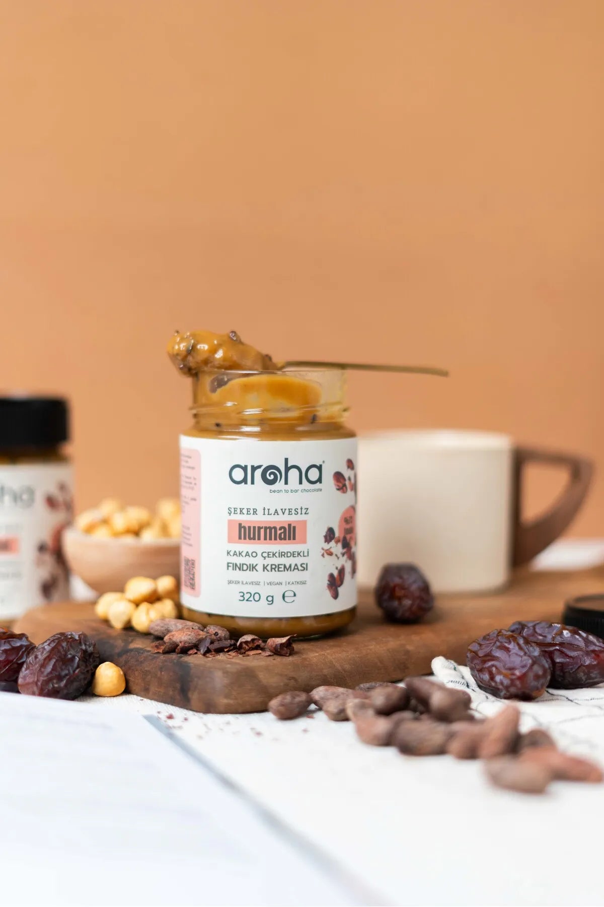 İkili Lezzet. Kakao & Hurmalı Fındık Kreması & Kakao Çekirdekli Hurmalı Fındık Kreması - Şeker İlavesiz 320 g X 2 Adet