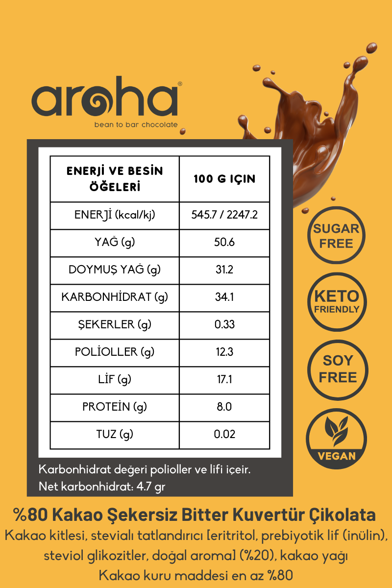%80 Kakao Şekersiz Bitter Kuvertür Çikolata (Stevia ile tatlandırılmıştır) - 500 g