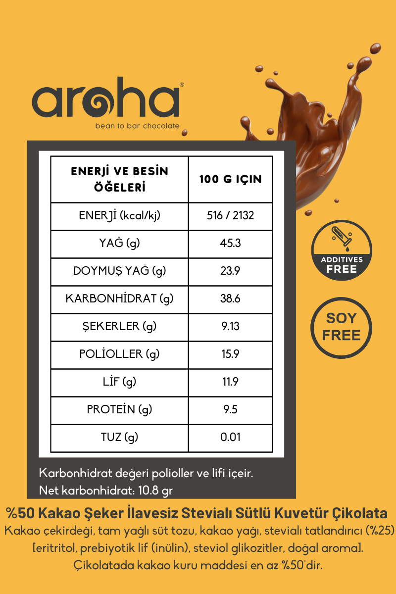 %50 Kakao Stevialı Sütlü Kuvertür Çikolata Şeker İlavesiz - 500 g