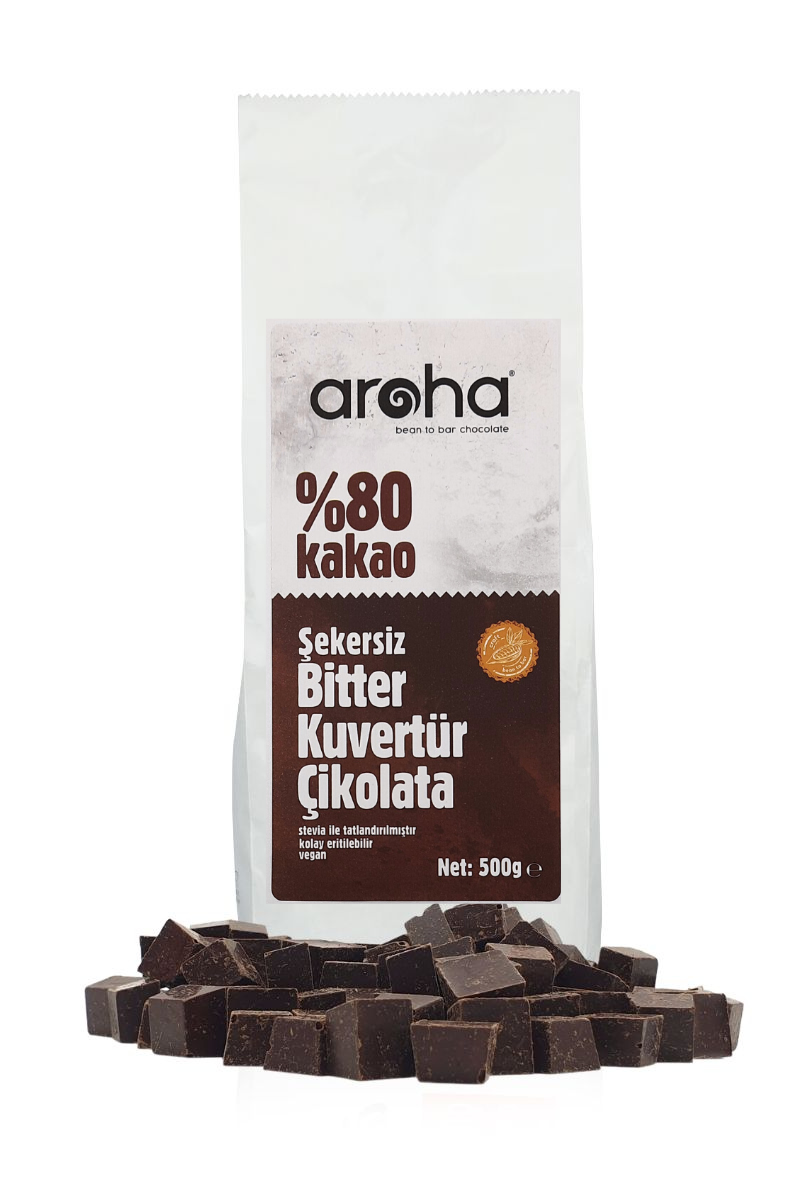 %80 Kakao Şekersiz Bitter Kuvertür Çikolata (Stevia ile tatlandırılmıştır) - 500 g