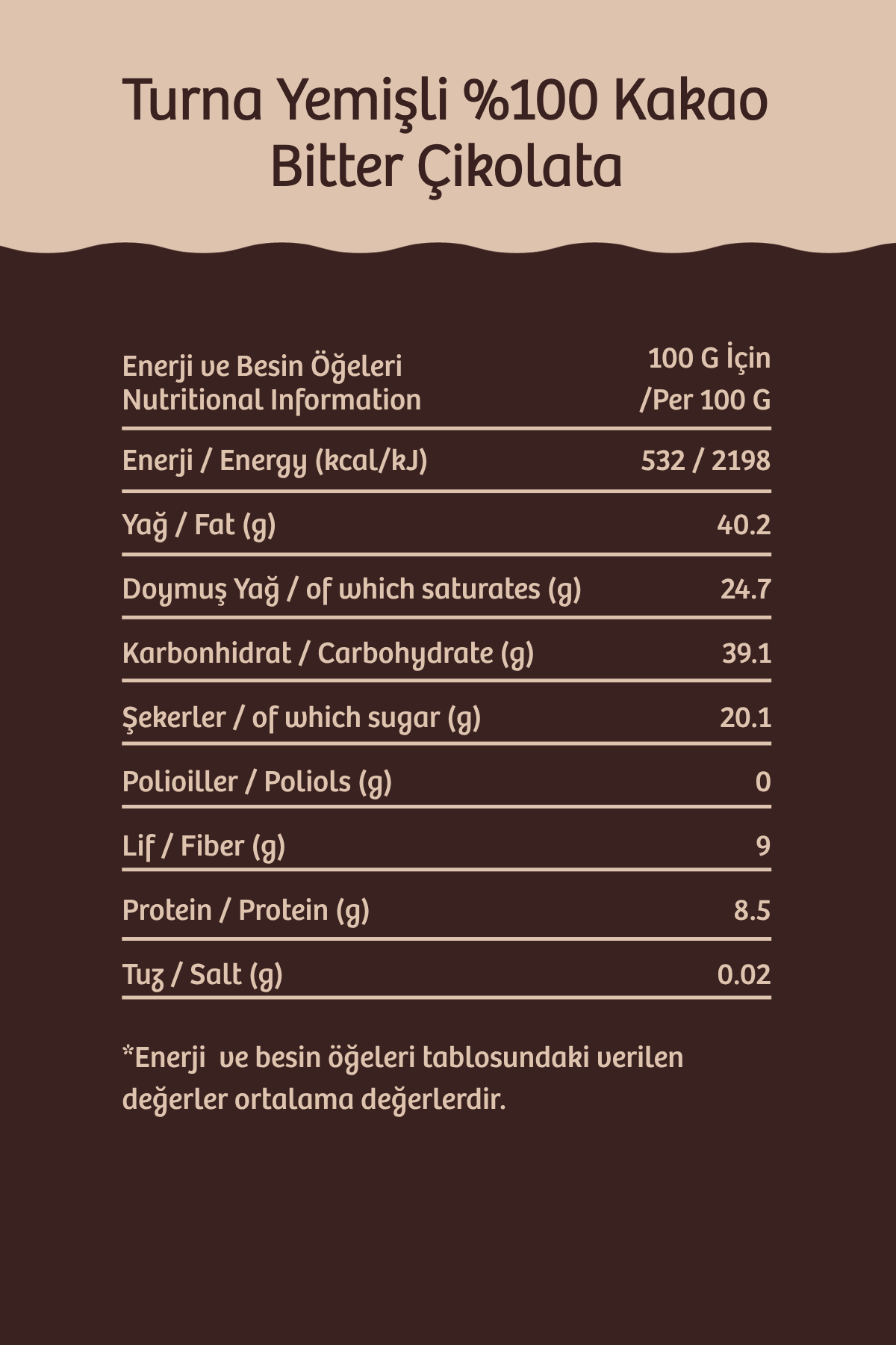 %100 Kakao Turna Yemişli Şeker İlavesiz Bitter Çikolata - 110 g
