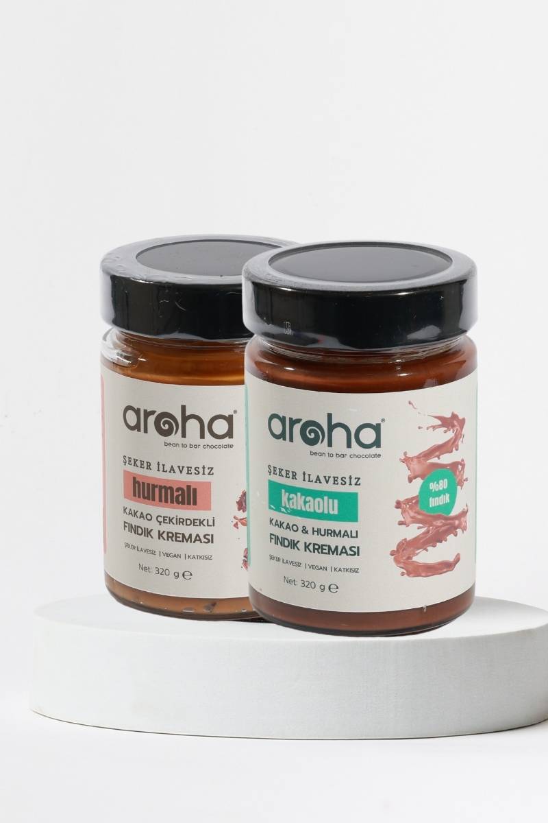İkili Lezzet. Kakao & Hurmalı Fındık Kreması & Kakao Çekirdekli Hurmalı Fındık Kreması - Şeker İlavesiz 320 g X 2 Adet