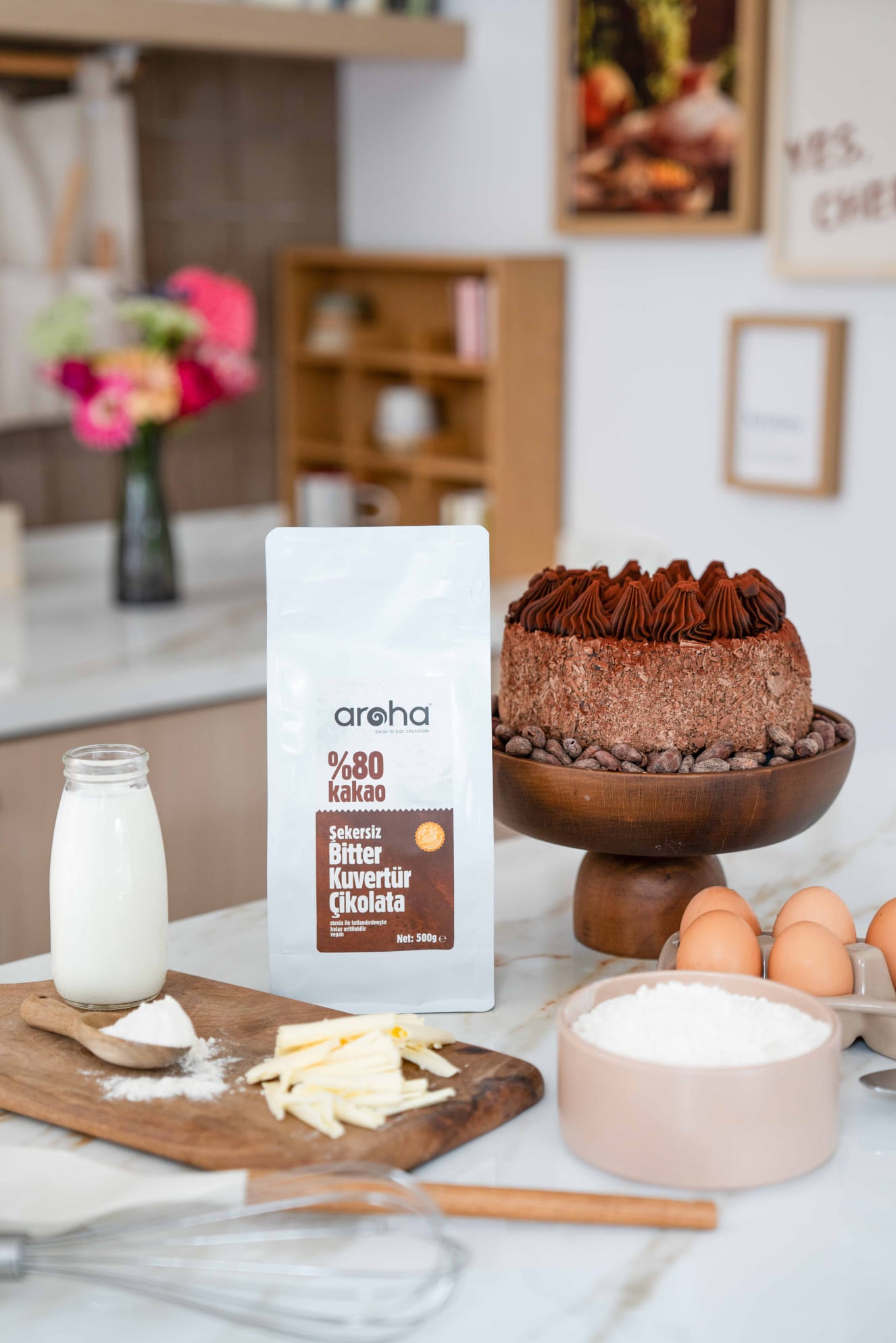 %80 Kakao Şekersiz Bitter Kuvertür Çikolata (Stevia ile tatlandırılmıştır) - 500 g