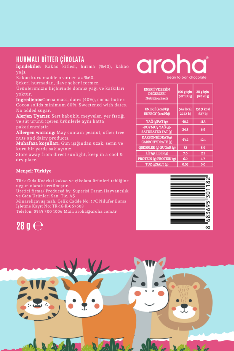 Hurmalı Bitter Çikolata 28 gr | Şekeri Meyveden | Aroha Kids